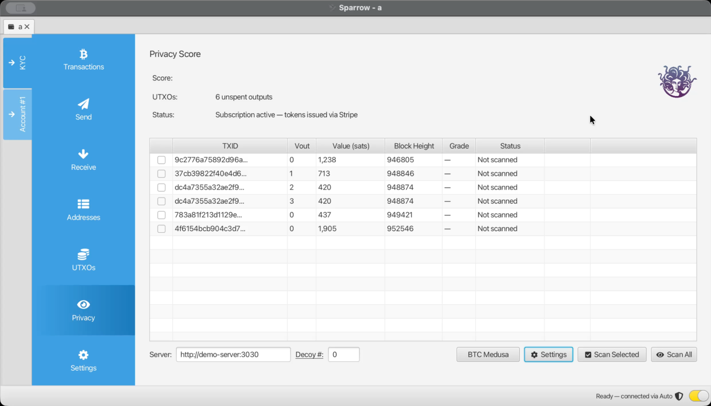 BTC Medusa scanning UTXOs inside Sparrow Wallet