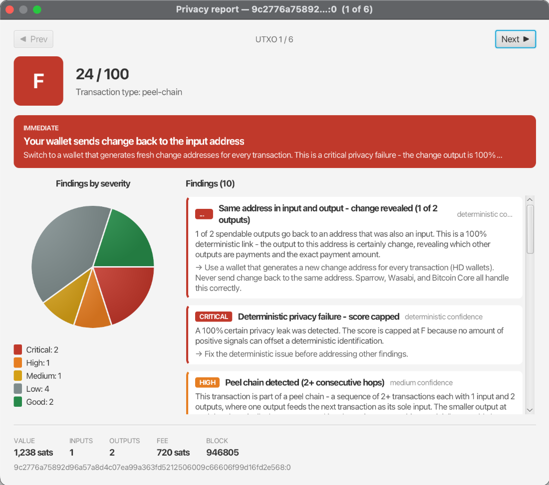 Per-UTXO privacy report